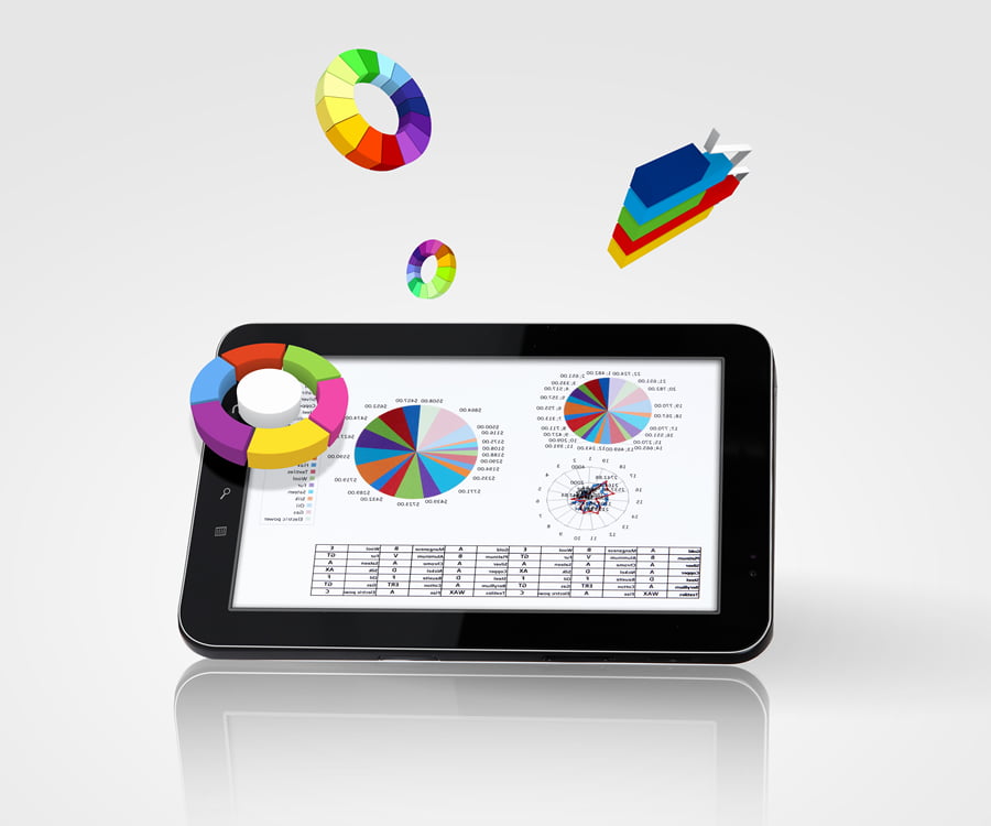 a dynamic graphic of a table with pie charts and line charts floating off of tablet 2